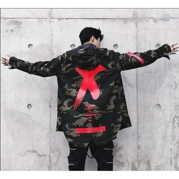 SZS Hooded Camo Jacket XL Canvas Oversized Gorpcore Graphic Print Spellout - Picture 2 of 13